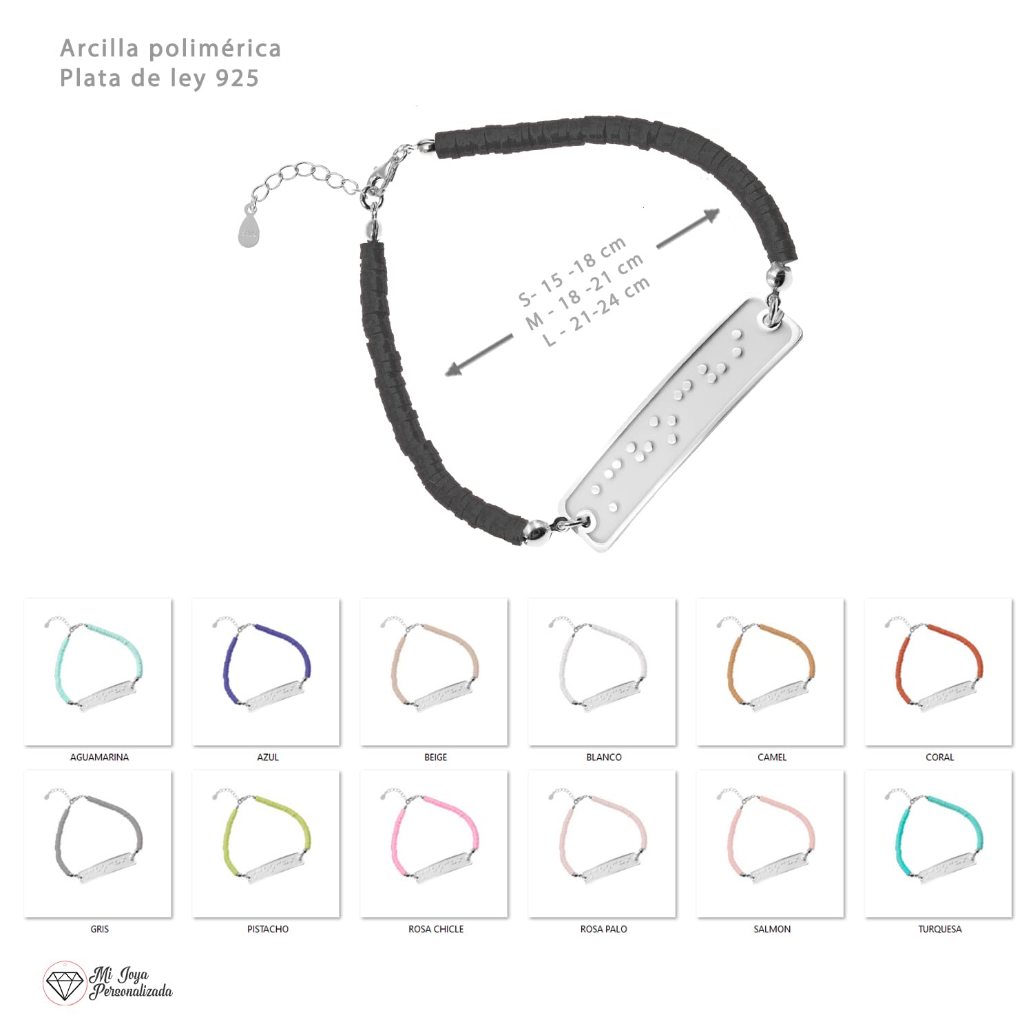Pulsera PLATA DE LEY y arcilla polimérica personalizado con nombres en BRAILLE
