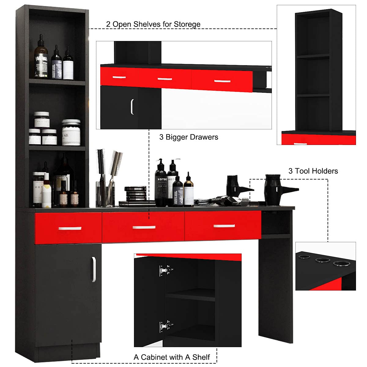 Paddie Barber Salon Station Storage Wall Mount with Shelves/Drawers/Tool Holders for Hair Stylist Beauty Spa Equipment, Black&Red : Beauty & Personal Care