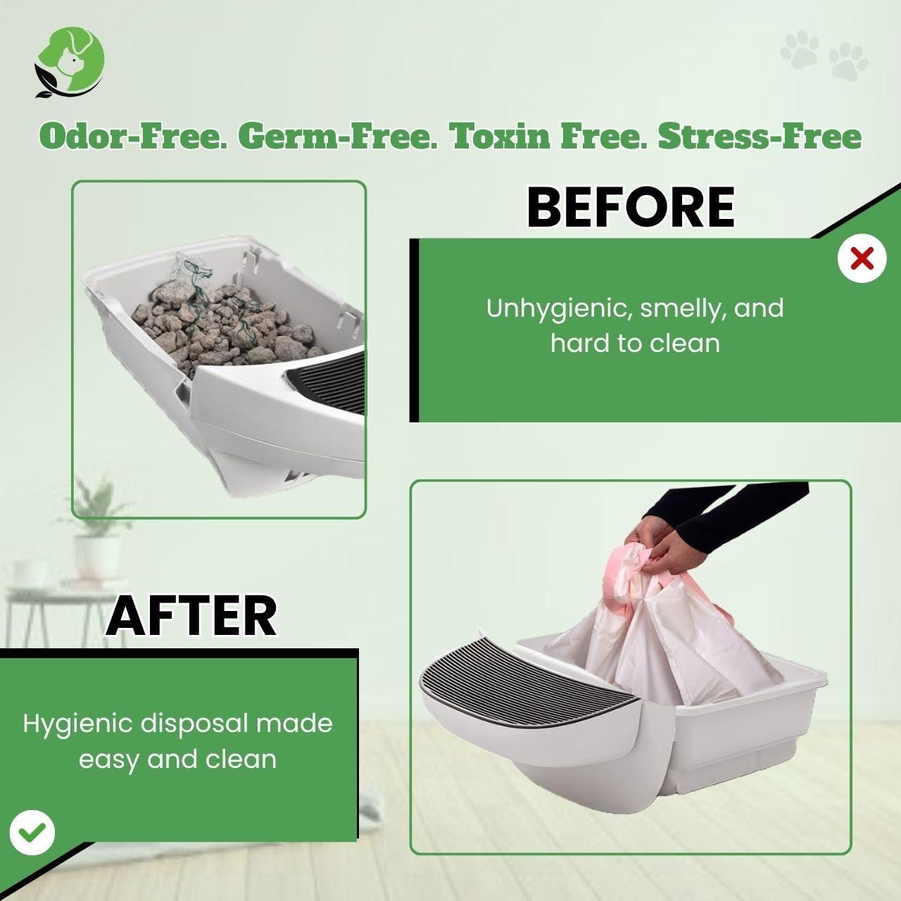 Revestimientos para robot de arena – Compatible con Litter Robot 3/4 – 25 pulgadas x 16 pulgadas – Cierre de cordón – Libre de olores y toxinas – 100% compostable – 40 micras de grosor – Resistente a
