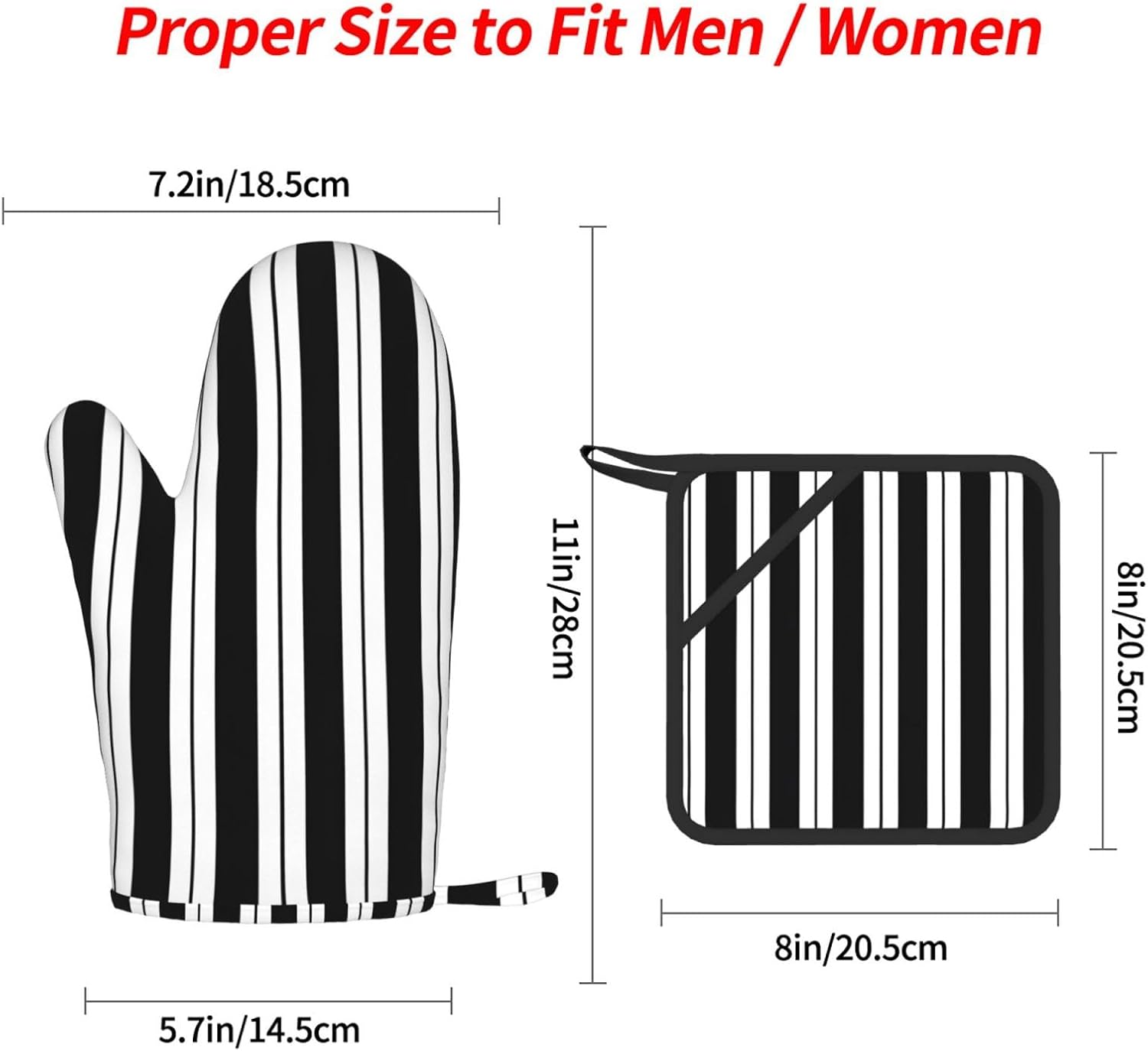 Black & White Stripe Oven Mitts and Pot Holders Set of 4 Heat Resistant Kitchen Gloves with Silicone Palm Hot Pads for Baking Cooking Grilling BBQ