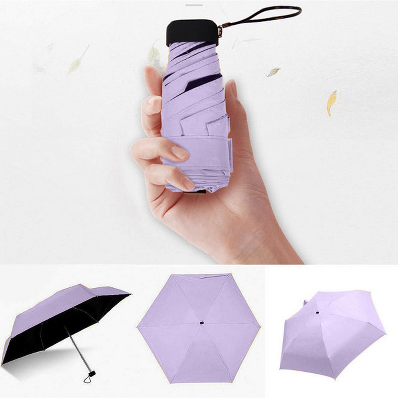 Mini Paraguas Plegable portátil de Bolsillo para Mujer, Plano y Ligero, de 5 Pliegues, para Viaje (Negro A)
