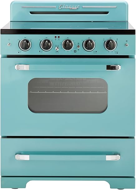 Unique Appliances UGP-30CR EC T Classic Retro Radiant Freestanding Electric Convection Oven Light, Range with 5-Element Glass Cooktop, 30", Ocean Mist Turquoise