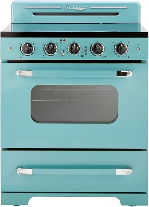 Unique Appliances UGP-30CR EC T Classic Retro Radiant Freestanding Electric Convection Oven Light, Range with 5-Element Glass Cooktop, 30", Ocean Mist Turquoise