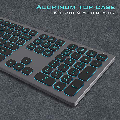 Powzan KB770 Aluminum Quiet Wired Keyboard Backlit- Slim Chiclet Keyboard Compatible With Apple Imac, Macbook, Mac And Pc, Usb Keyboard Numeric Keypad Rgb Lighted Key thumb #1