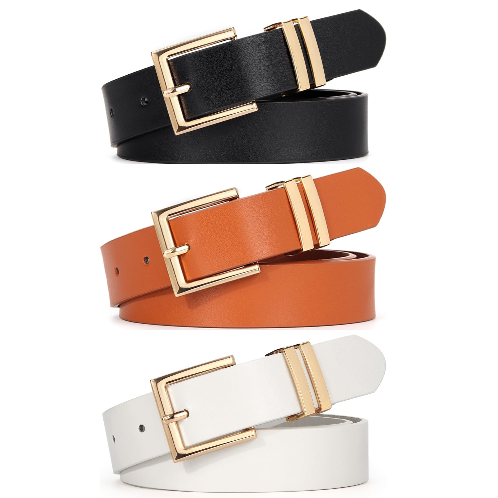 Rrwin 3 Pack Women Belts for Jeans Pants Dress Trendy Fashion Soft Faux Waist Leather Belt with Square