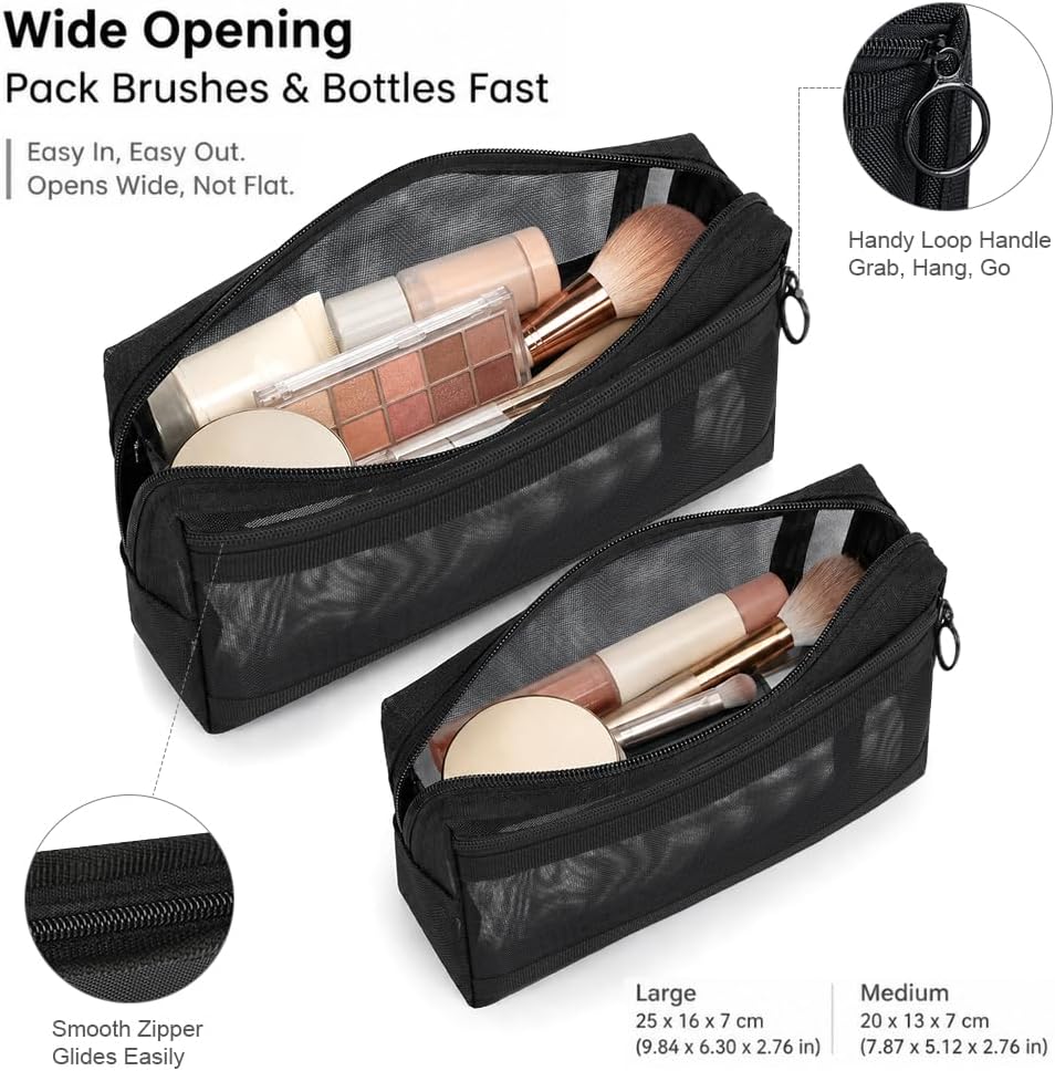 2pcs Mesh Cosmetic Bags, Wide Open Zipper Mesh Makeup bags Set, 2 Pocket Mesh Makeup Pouches with Zipper, Travel Essentials Beauty Bag Set (Black)