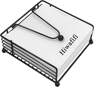 Hiwafifi Rustic Black Iron Napkin Holder with Weighted Arm - Square Flat Dispenser for Kitchen Table, Dining, Outdoor Parties