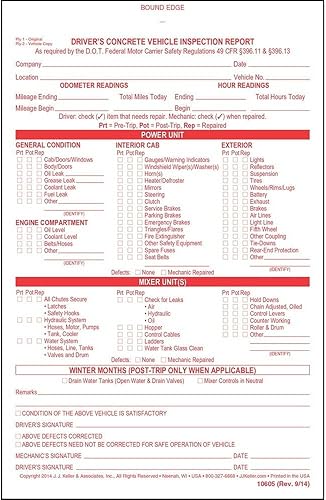 Informe de inspección de vehículos de hormigón del conductor, paquete de 10 unidades. Formato de libro con 31 juegos, 2 capas sin carbono, 5.5 x 8.5