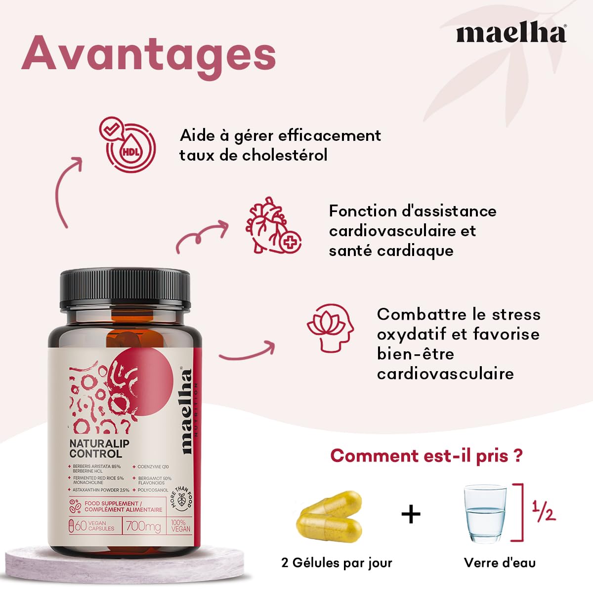 Naturalip Control | Supplément à base de riz rouge fermenté | Aide à maintenir des taux normaux de cholestérol et de triglycérides | Concentration élevée | 60 gélules | 100% végétalien