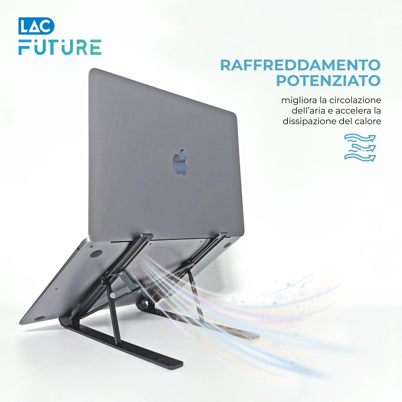 LAC FUTURE Supporto PC Portatile in Alluminio - Rialzo PC Portatile per Scrivania Ufficio Pieghevole e Regolabile 7 Livelli - Laptop Stand Computer e Tablet 10-15,6'' - Nero