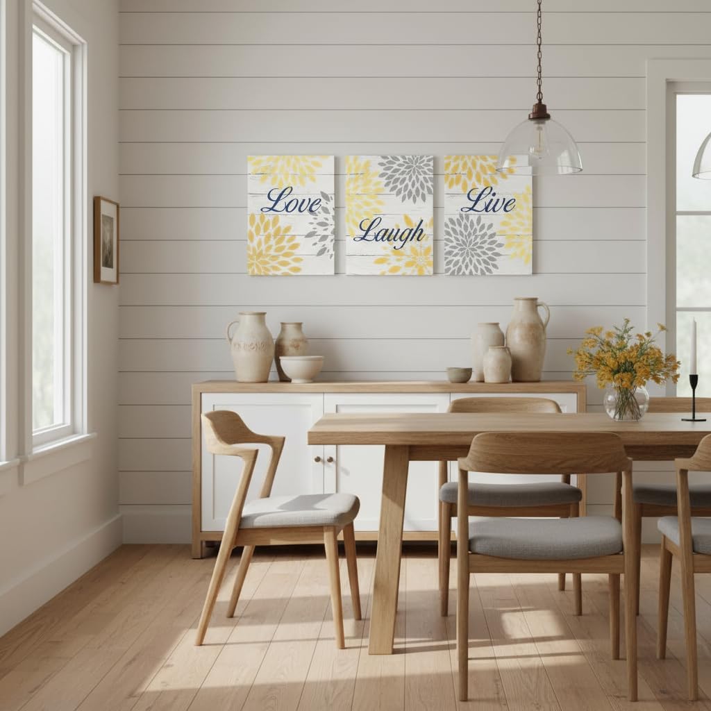 RnnJoile Mustard Yellow Wall Decor Yellow and Grey Pictures Painting Live Love Laugh Sign with Dahlia Floral Canvas Prints for Bathroom Decor Framed 12x16 Inch