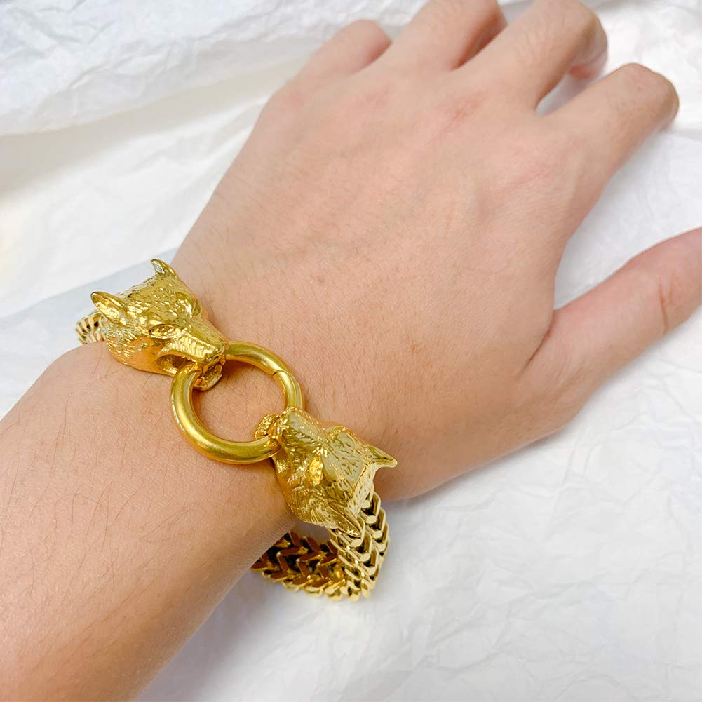 YABEME Viking Double Headed Wolf Fenrir Armband Edelstahl 18 Karat Vergoldet Kubanische Drachenkette Nordic Odin Celtic Pagan Rune Amulett Schmuck Geschenk