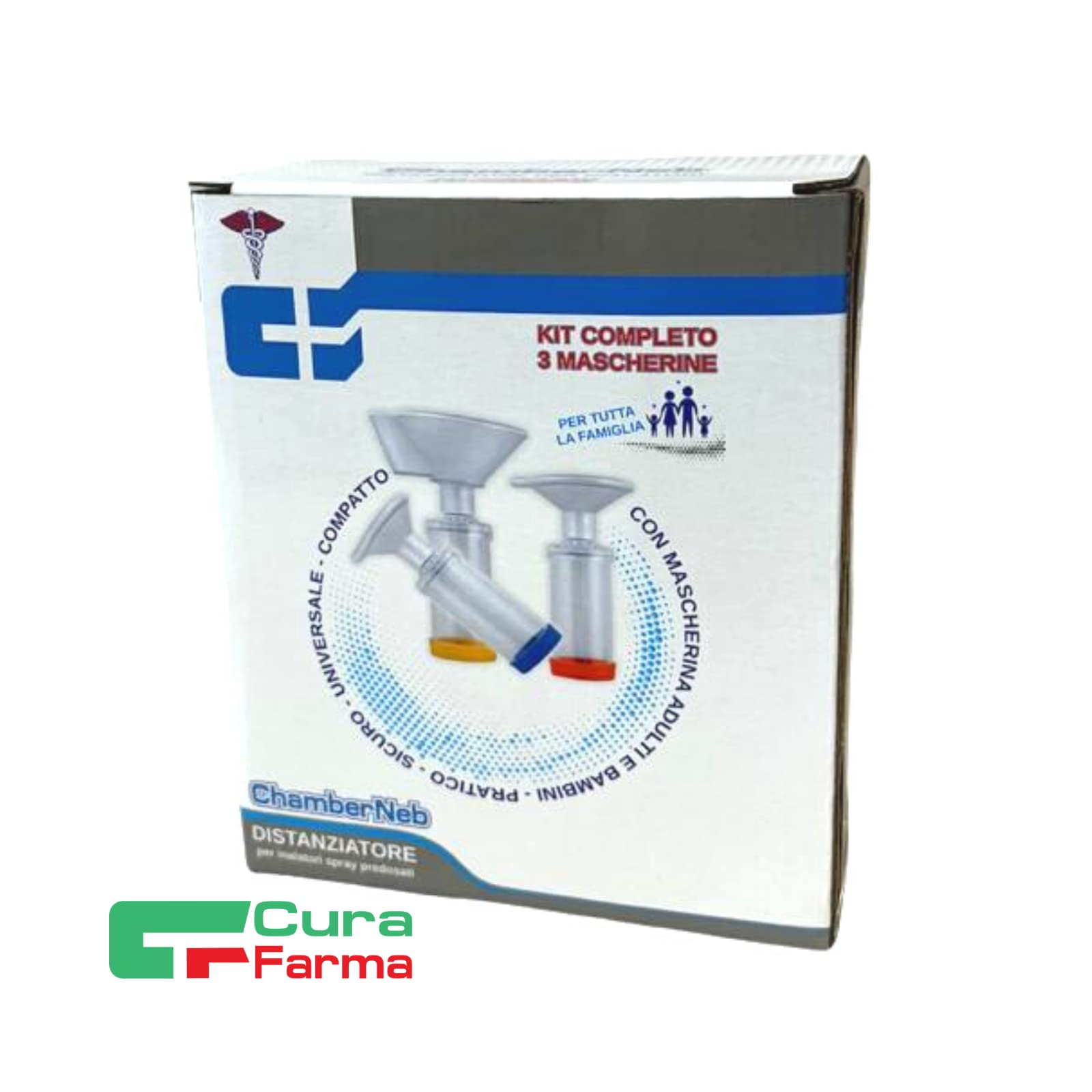 CURA FARMA ChamberNeb - Distanziatore per Inalatori Bambini, Adulti e Neonati - Camera Distanziatrice per Spray con Puff Predosati e Farmaci Asma, Adatta ad Uso Pediatrico - Kit con 3 Maschere