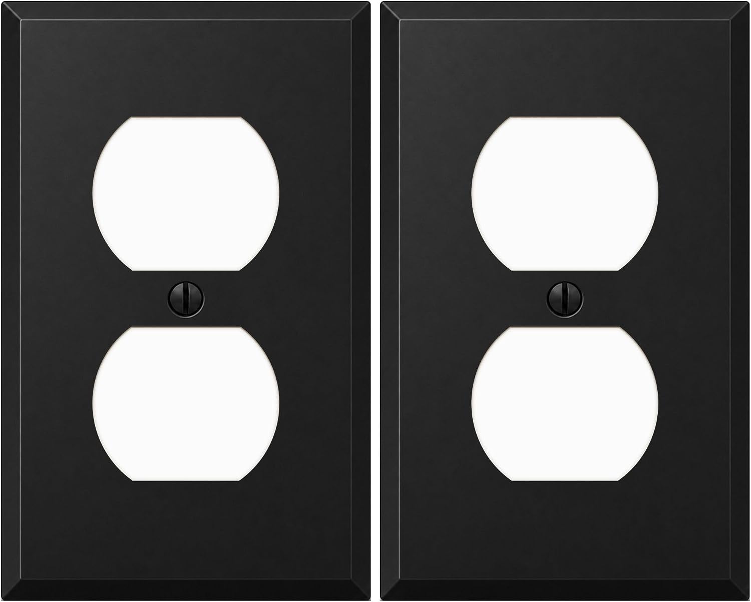 (2 Pack) Black Duplex Receptacle Metal Wall Plate, Black Outlet Cover, 1-Gang Standard Size, 4.50" x 2.76", Matte Black Light Switch Covers, Made In USA, Corrosion Resistant, With Matching Screws