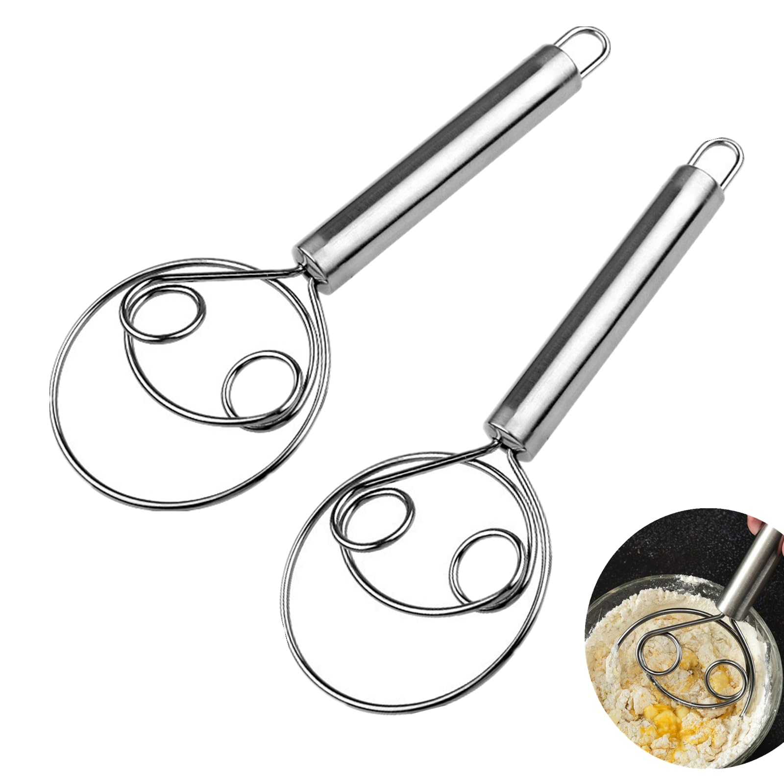 CIIUFDIQN 2 Pack Dough Whisk Stainless Steel Pastry Blender Whisks for Cooking, Dutch Style Bread Whisk Dough Mixer Hand Tool for Bread Batter Cake Pastry, Silver