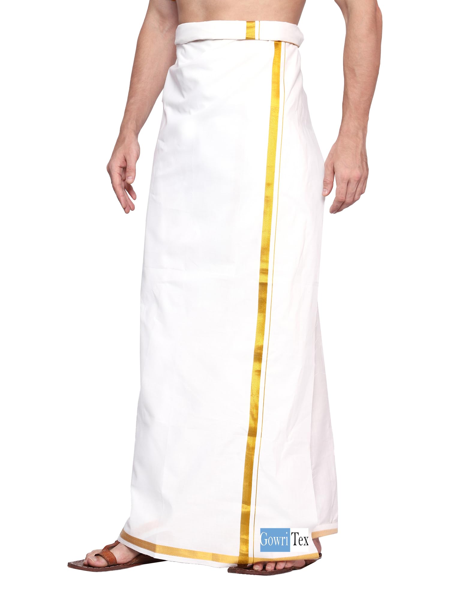 Gowri Tex Men's Cotton Dhoti with Golden Jari Border (White , Free Size)