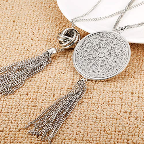 FUNRUN JEWELRY 2PCS Long Pendant Necklaces for Woman Knot Disk Circle Tassel Y Necklaces Set (2PCS Silver Tone)