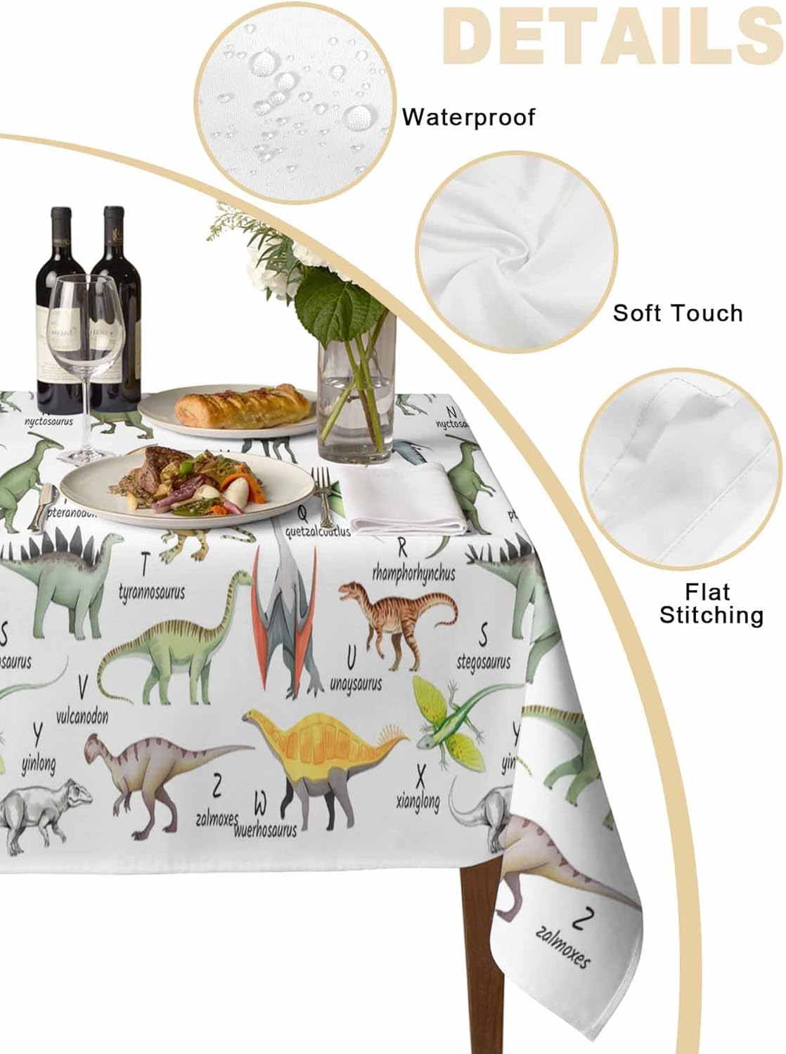 Dinosaur Rectangle Tablecloth, Funny Dino Cute Cartoon Boys Girls Children Waterproof & StainResistant Tablecloth, Washable Oil-proof Table Cover for Dining/Party/Wedding/Camping/Buffet 60x84 In