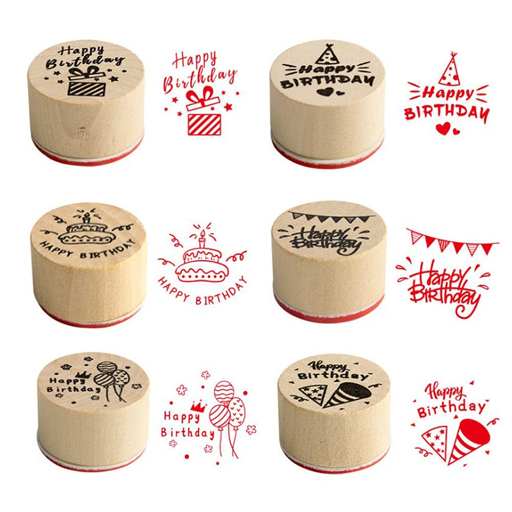 Camelliass 6Pcs Happy Birthday Wood Rubber Stamps Wooden Printing Stamp Diy Diary Scrapbook Stamp