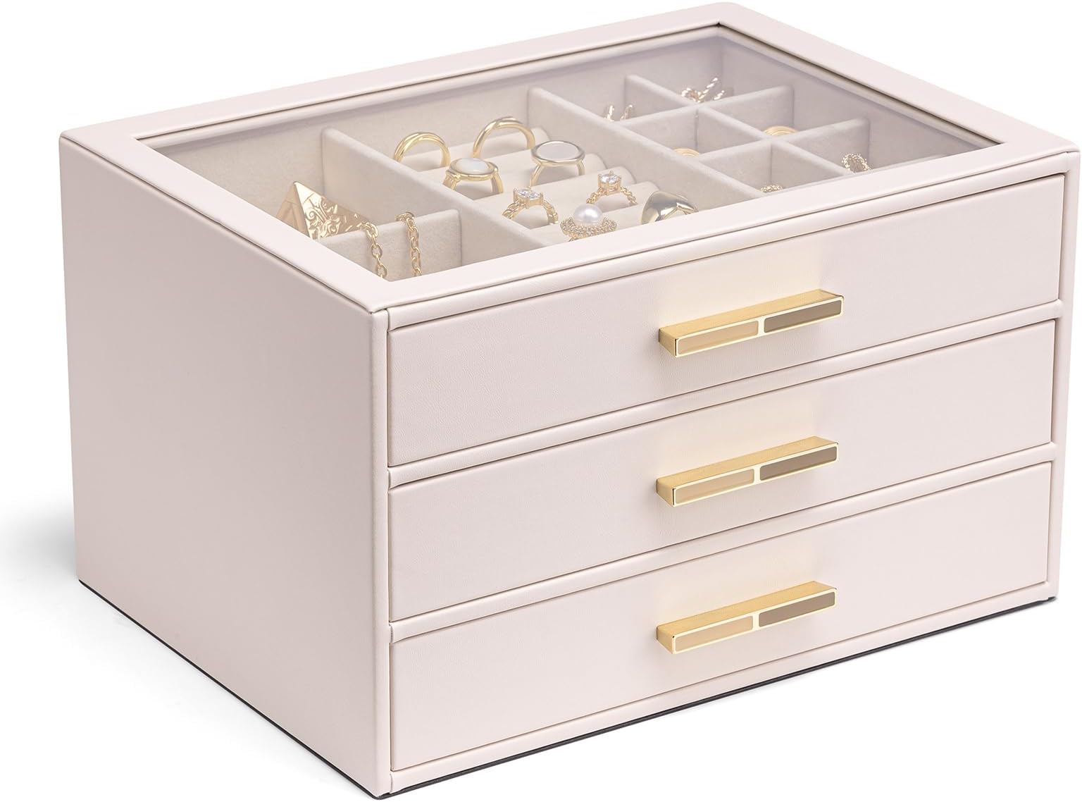 Vlando 3-Drawer Jewelry Box with Glass Lid, Faux Leather Organizer for Rings, Earrings, Necklaces and More, Gift-Ready Jewelry Case for Women, Girls, or Moms, Pink Beige