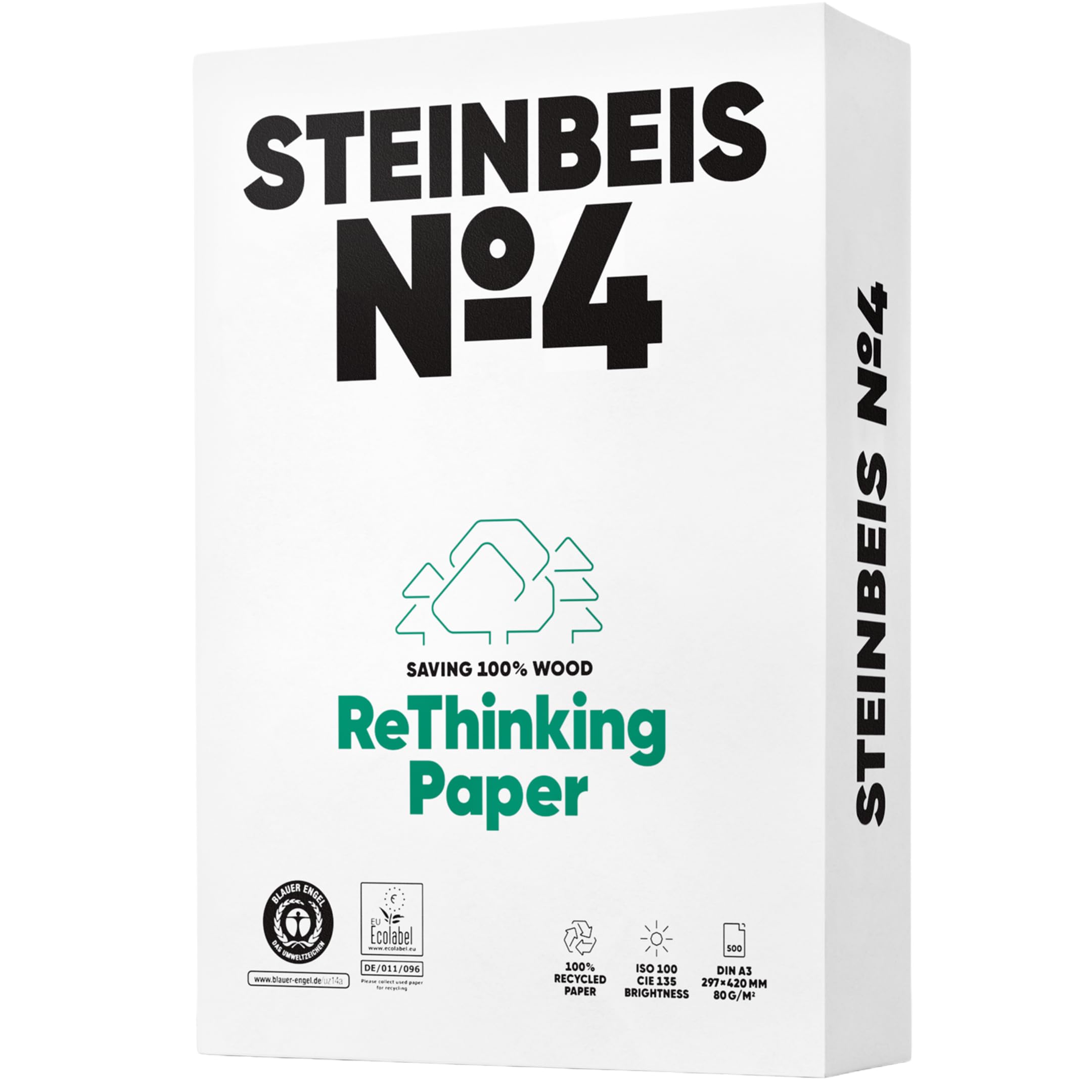 Steinbeis No. 4 Druckerpapier – 2500 (5 x 500) Blatt DIN A3 Recycling-Papier 80 g/m², Weiß & Chlorfrei, hochwertiges Kopierpapier ISO 100 / CIE 135