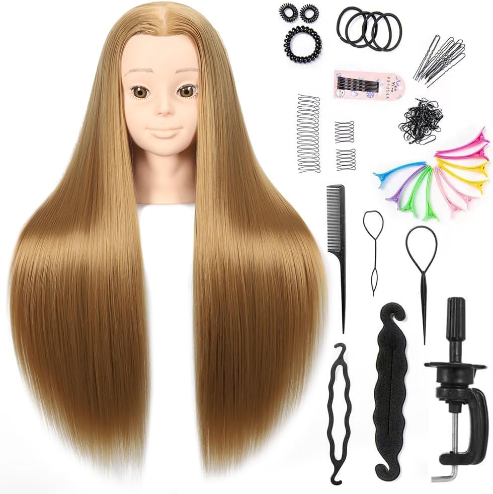 Headdoll 26"-28" Mannequin Head Styling Mannequin Head for Hair Styling and Free Table Stand Training Head Manikin Cosmetology Doll Head with Long Fiber Hair Hairdresser Practice Head for Stylist