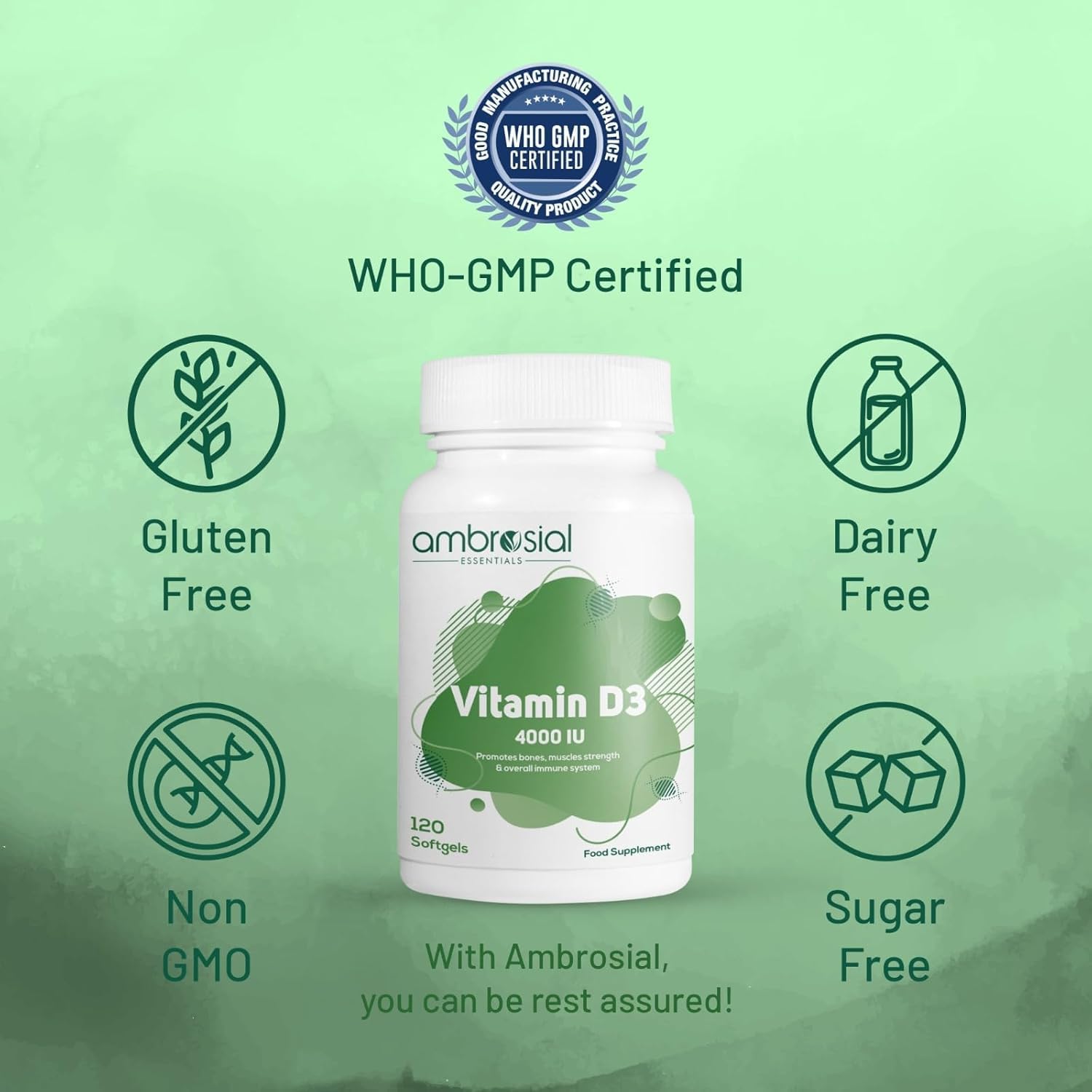 AMBROSIAL Vitamin D3 4000 IU | Healthy Bones and Teeth | Supports Immunity and Muscle Function | Gluten Free (Pack of 1-120 Softgels)