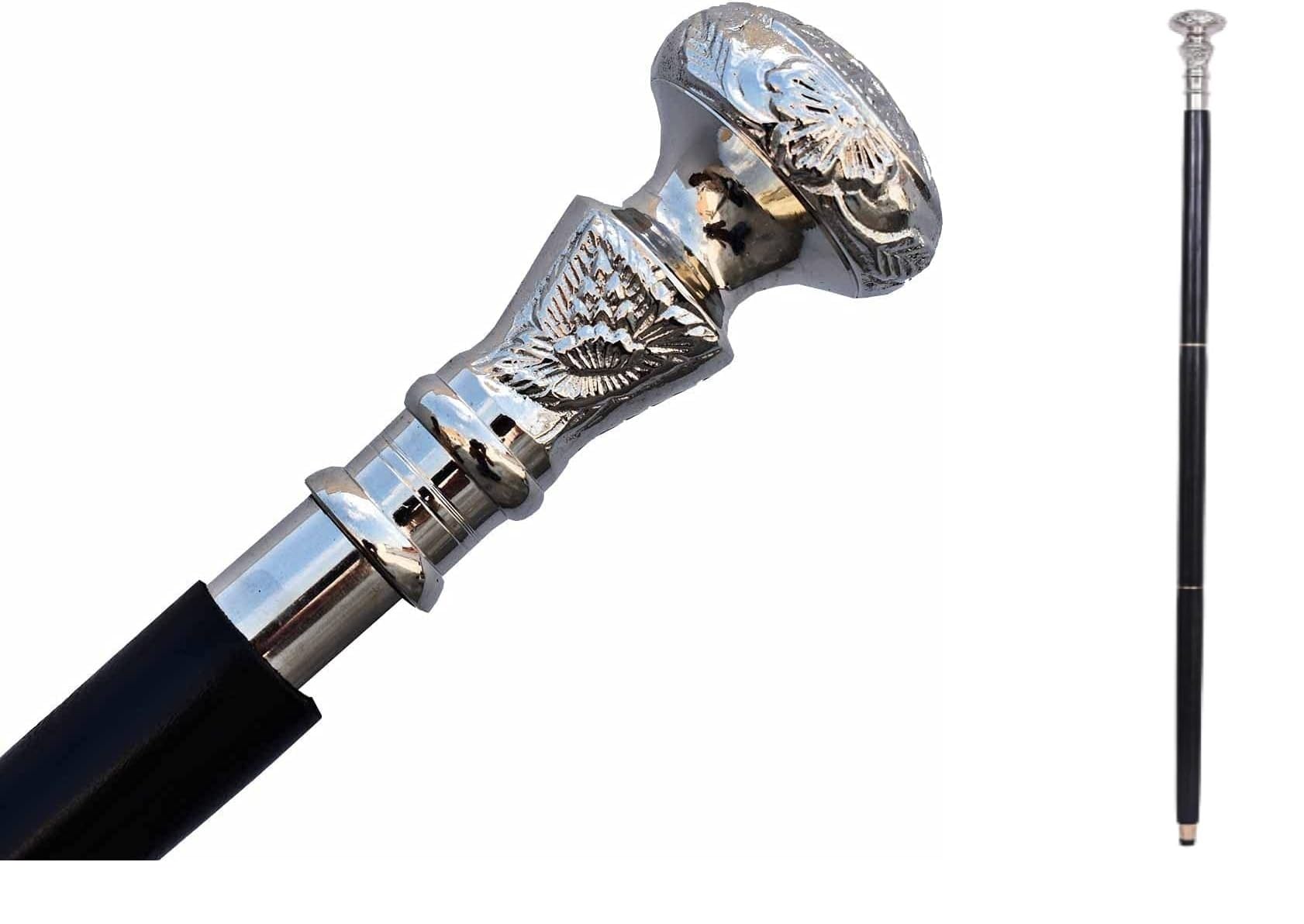 Bastone da passeggio in legno vintage con pomello in argento, fatto a mano, idea regalo