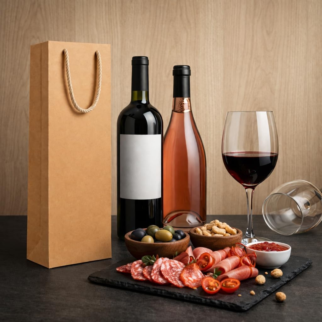 excvalues Wine Gift Bag Bulk 50 Pack Luxury Wine Bag 4.3x3.7x14 inch Sturdy Paper Wine Gift Bags with Handles for Party Birthday Wedding Christmas((Brown)