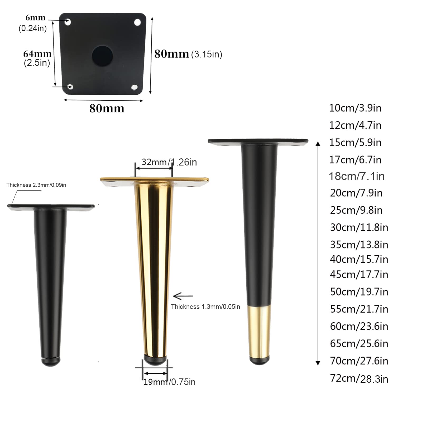 Piedini per Mobili Piedini di Supporto Sostitutivi per Divani Gambe Dritte Coniche in Metallo per Mobili per Armadi Divani Sedie Tavoli 4 Pezzi Altezza 10-72 cm (55 cm/21,7 Pollici Nero + Oro)