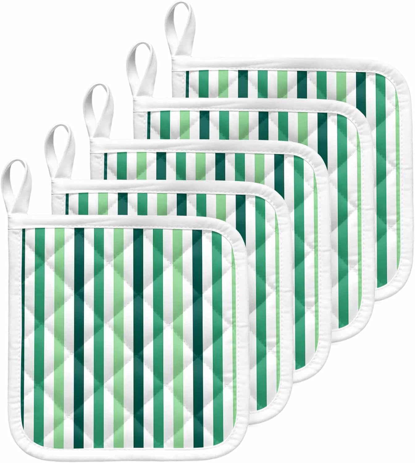 5 Pack Pot Holders for Kitchen, Dark Green Stripe Hot Pads for Kitchen Countertops Oven Pot Holder Bulk, Geometric White Vertical Striped Heat Insulation Potholders with Hanging Loops