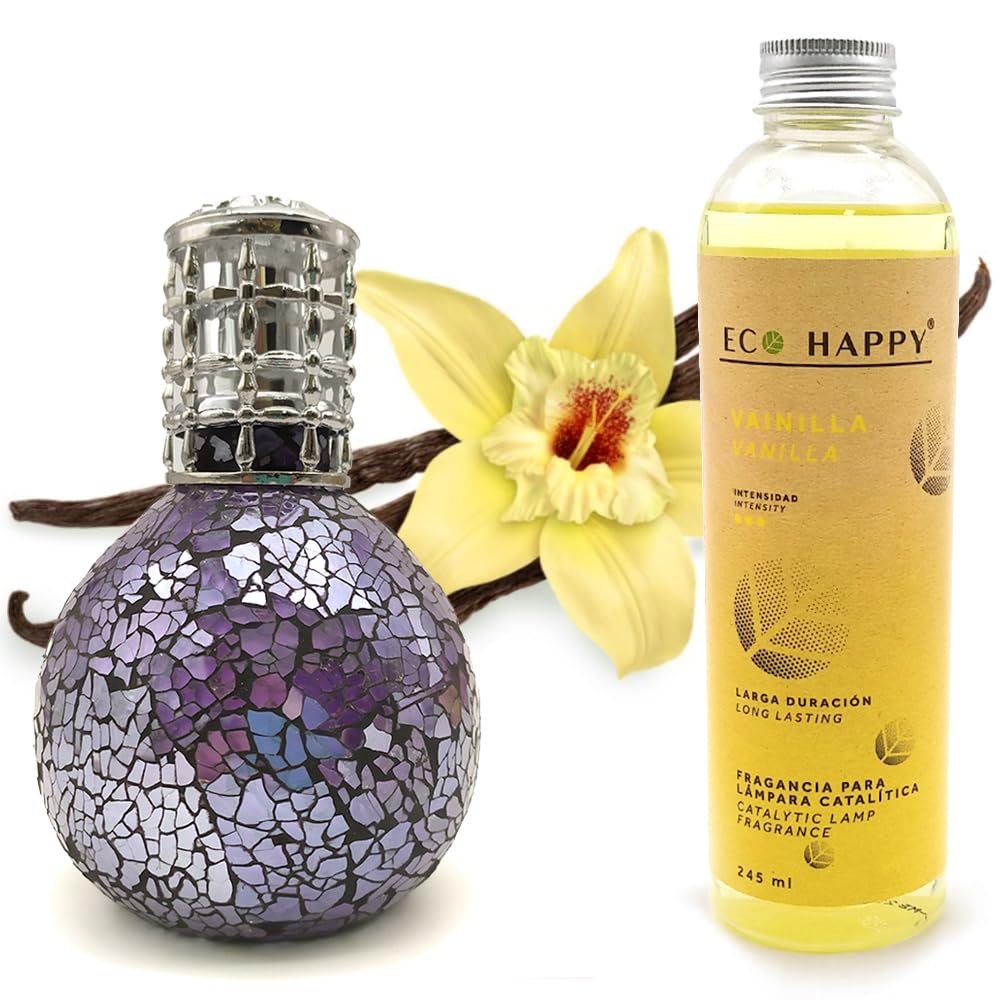 Pack lámpara catalítica Mosaico Azul Océano + Fragancia Aroma Vainilla Eco 245 ml - Elimina Malos olores, Limpia, sanea y perfuma el Ambiente