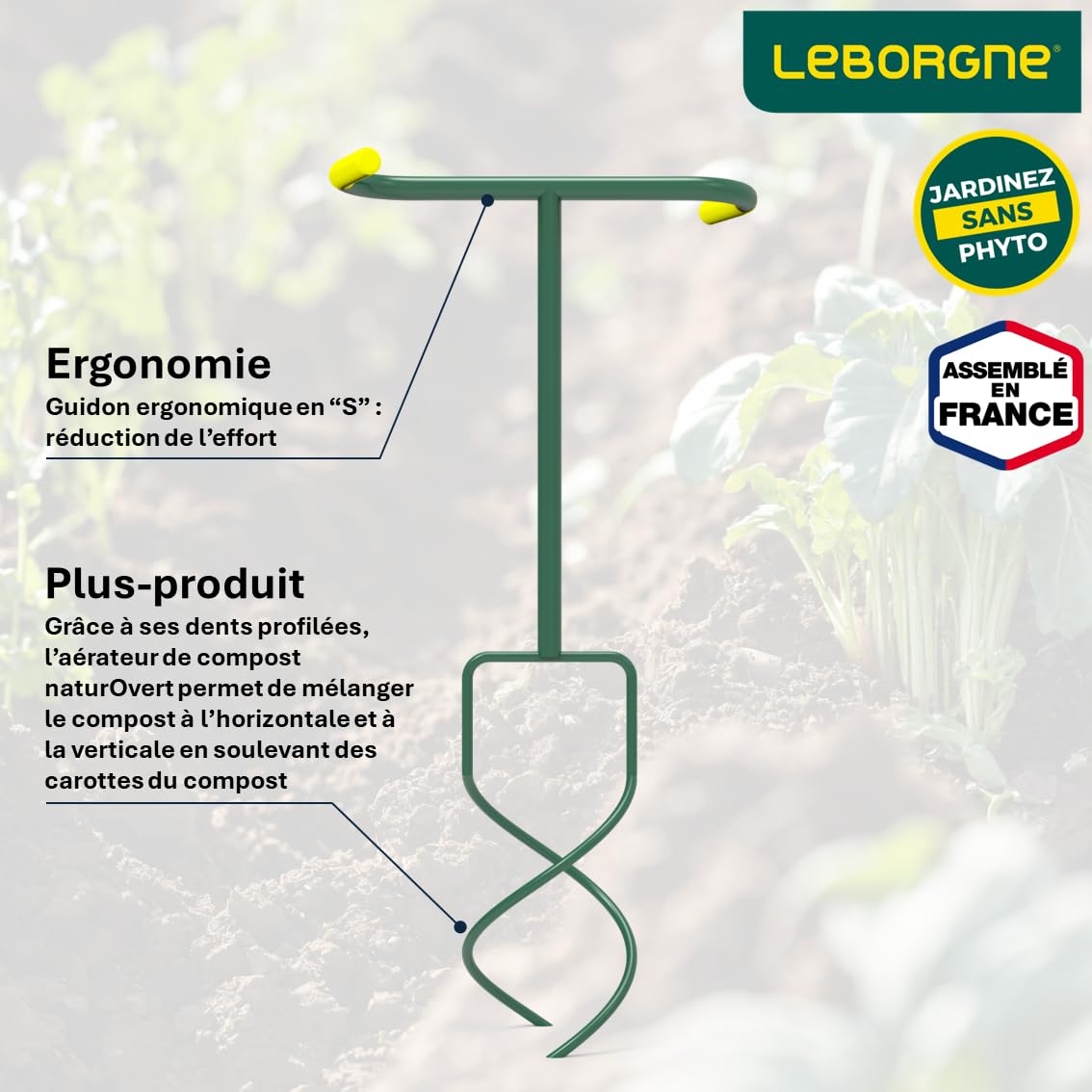 Leborgne, Aérocompost NaturOvert, Vert, Guidon en S permettant Une réduction de l'effort et Un Confort d'utilisation, Dents profilées, Idéal pour mélanger Le Compost