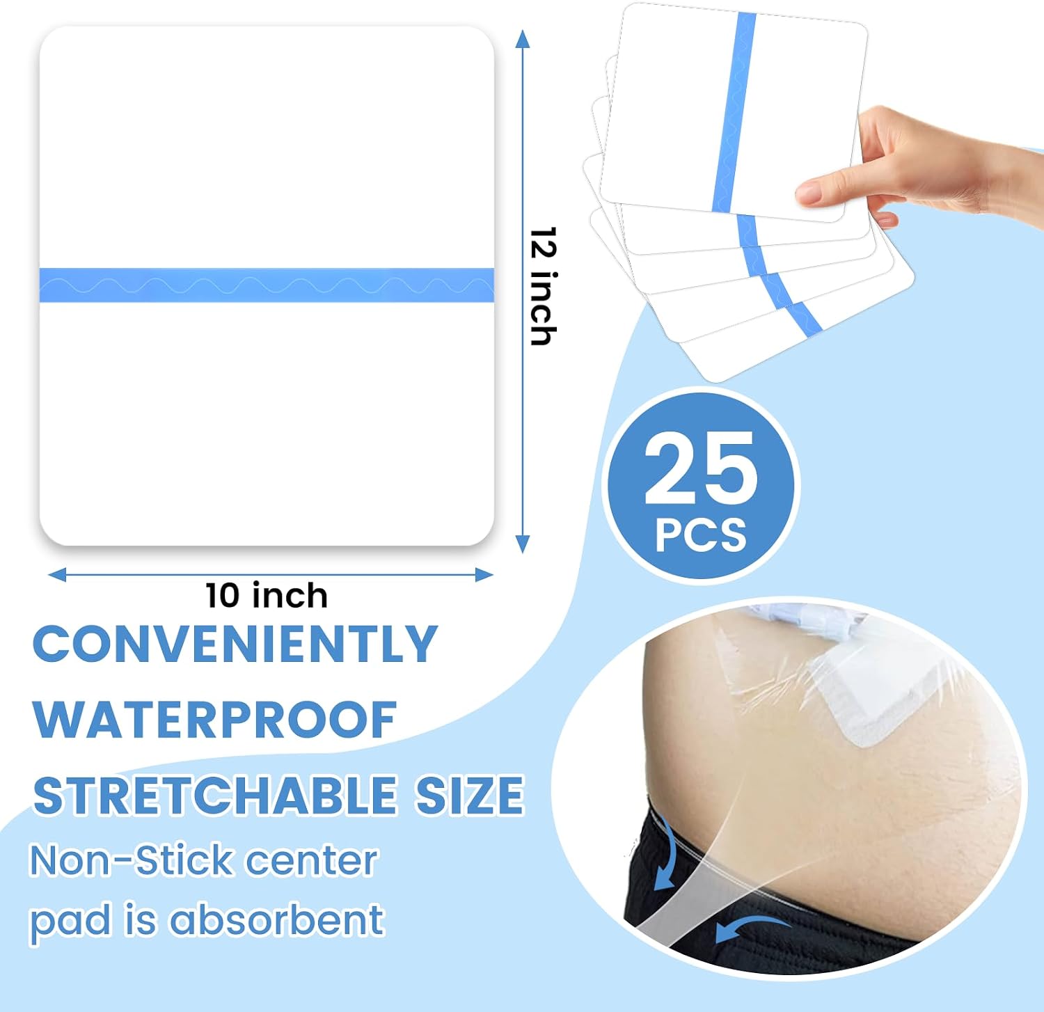 Waterproof Shower Protector for Dialysis Catheter & Chemo Ports | 10x12 Inch Clear Adhesive Cover | Pack of 25 | Transparent Film for PD, PICC Line, Feeding Tube, Surgical Incisions