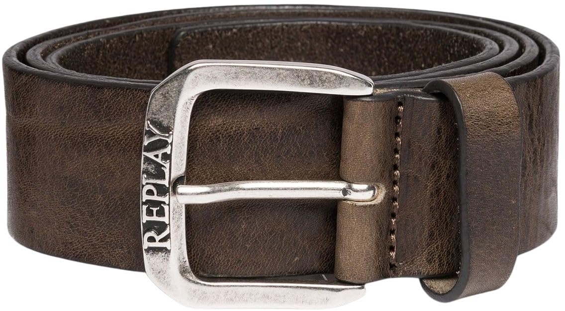 REPLAY Vintage Leather Belt W85 Faded Grey Mud