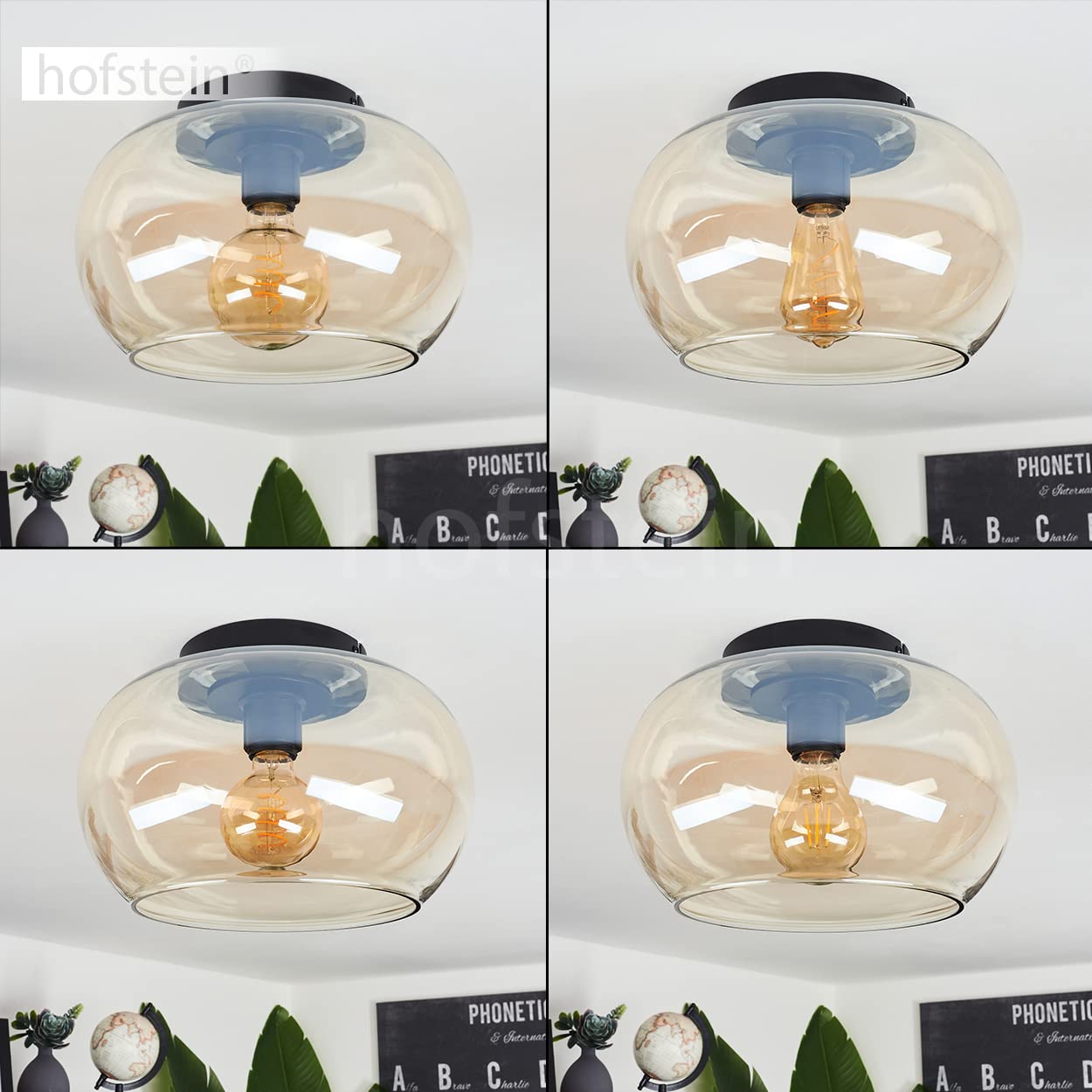 Lampada da soffitto Molloy, lampada da soffitto moderna in metallo/vetro in nero/ambra, lampada a 1 luce dal design retrò/vintage con paralume in vetro (Ø 31 cm), 1 x E27, senza lampadina/e