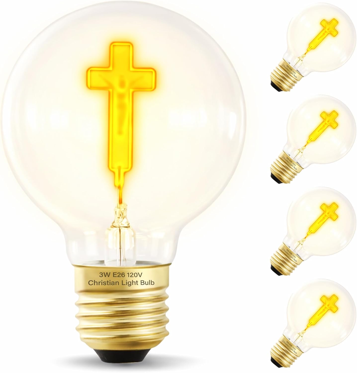 Mandala Crafts 3W Cross Light Bulbs with Crucifix Design (4 Pack) – Catholic & Orthodox Christian Decorative Light Bulb, Religious Accent Lamp, Clear Glass, E26 Base, Church & Home Altar Décor