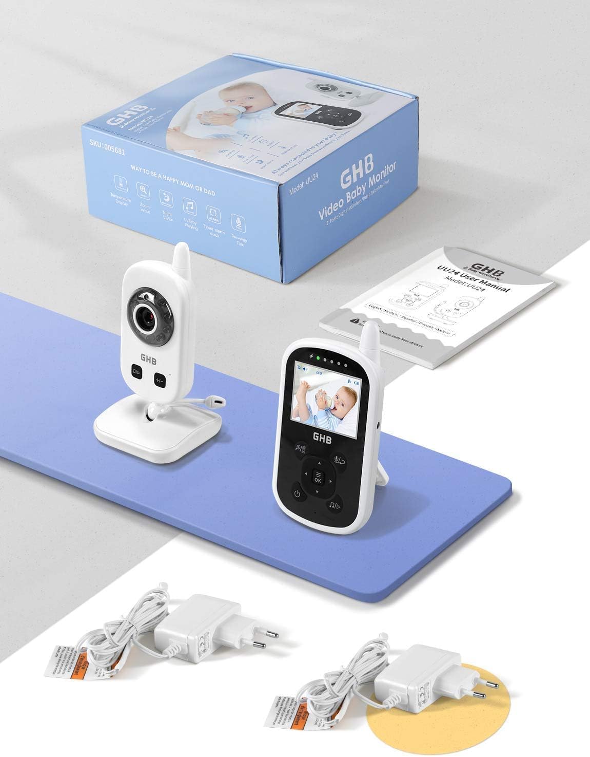 GHB Camara Vigilancia Bebe Vigilabebes con Camara LCD 2.4" | Comunicación bidireccional, VOX Visión Nocturna Visión Detección de Temperatura, Canciones de cuna