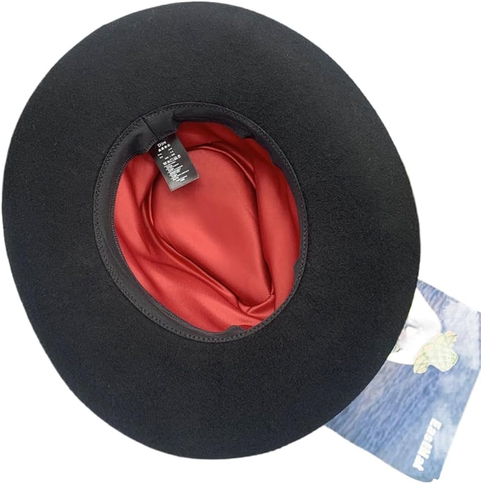 Classic Wide Brim Fedora Hat, Black Wool Felt, Leather Band, Western Style