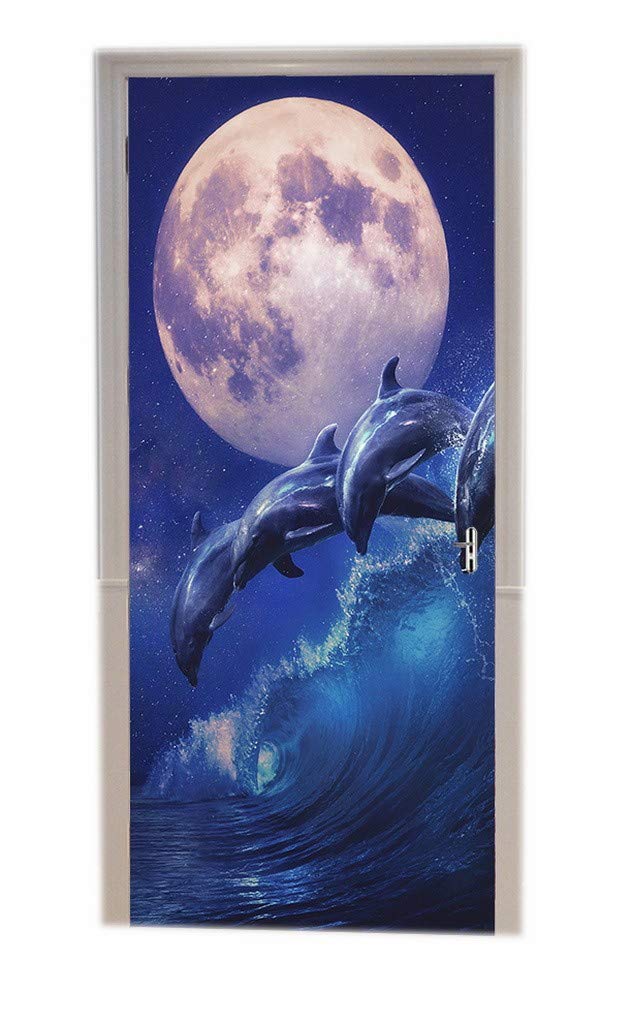 Poster de porte vinyle 3D effet trompe l'œil - Sticker dauphins océan 77 x 200 cm