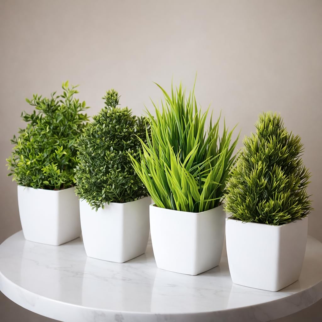 Artificial Potted Plants Set of 4, Green, White Pots, Small Faux Greenery for Home Decor, Indoor Table Decoration(2dhaniya,1bhal,1jhad)-image-47