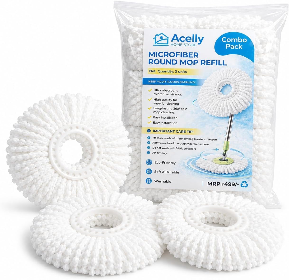 Acelly Home Microfiber Spin Refill Pack of 3, 100gm Replacement Head for 360° Floor Cleaning System, Heavy Absorbent, Washable, Compatible with All Spin Buckets, 6 Inch Plastic Disc