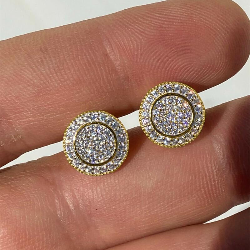 Mnyixsi 24K Gold Plated Round Shape Simulated Cubic Zircon Diamond Stud Earrings Iced Out CZ Hip Hop Stud Earrings Screw Back Earrings Party Cubic Zirconia Earrings for Men Women Gold
