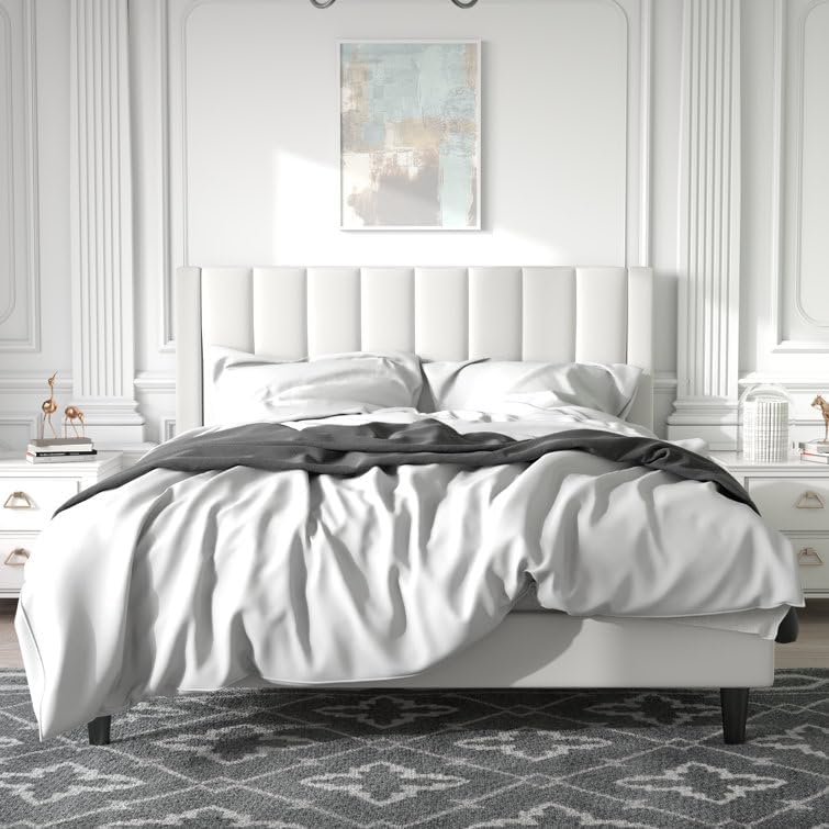 Image of HITHOS Modern Upholstered Queen Size Bed with Wingback Headboard | Wooden Double Bed Cot Palang Without Storage for Living Room Bedroom Home (White)