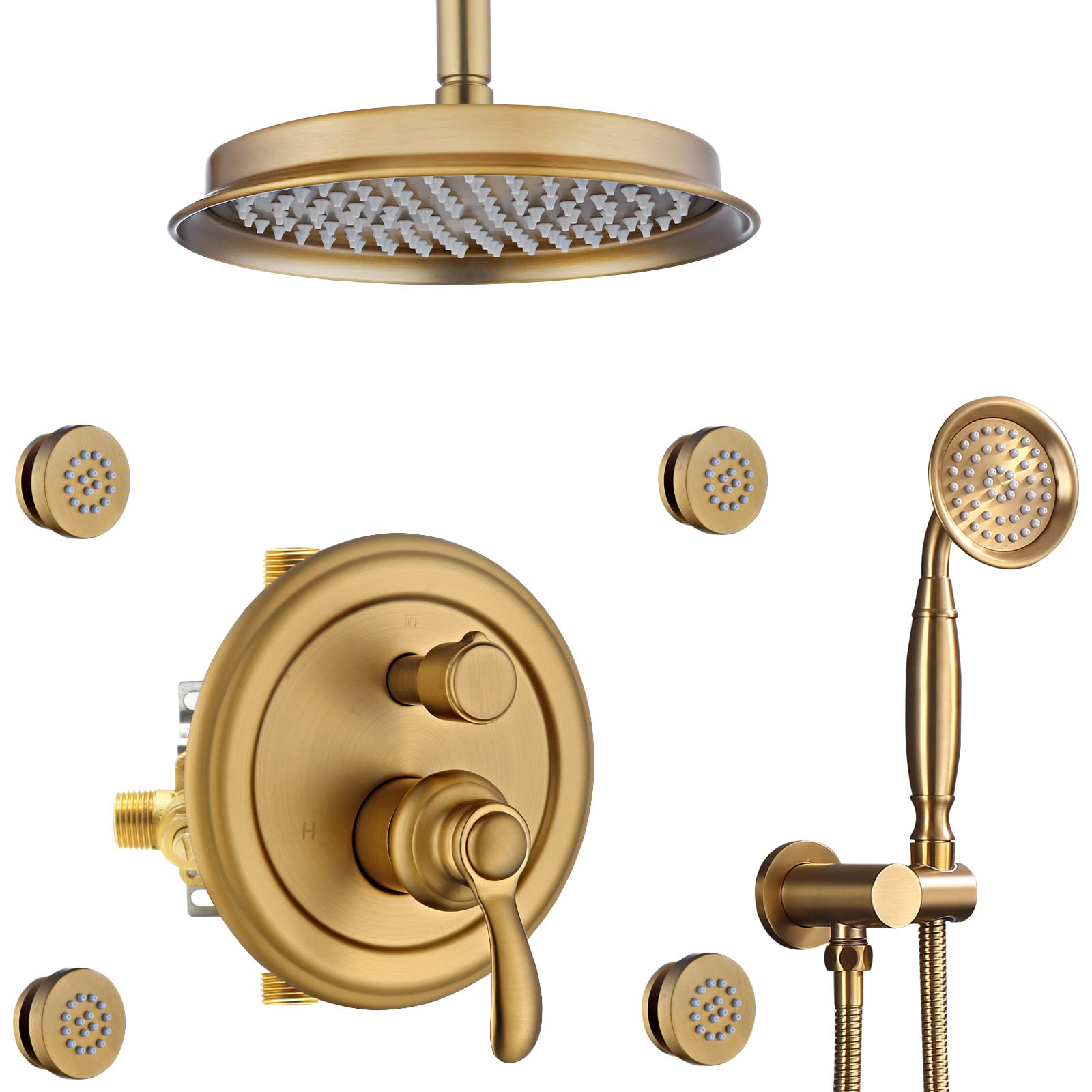 Homekicen Brushed-Gold Antique Shower System with Jets: 9 inch Rain Faucet Sets Complete Ceiling Rainfall Head and Handheld Spray Fixtures Combo, 3 Way Diverter Brass Rough in Valve Trim Kit