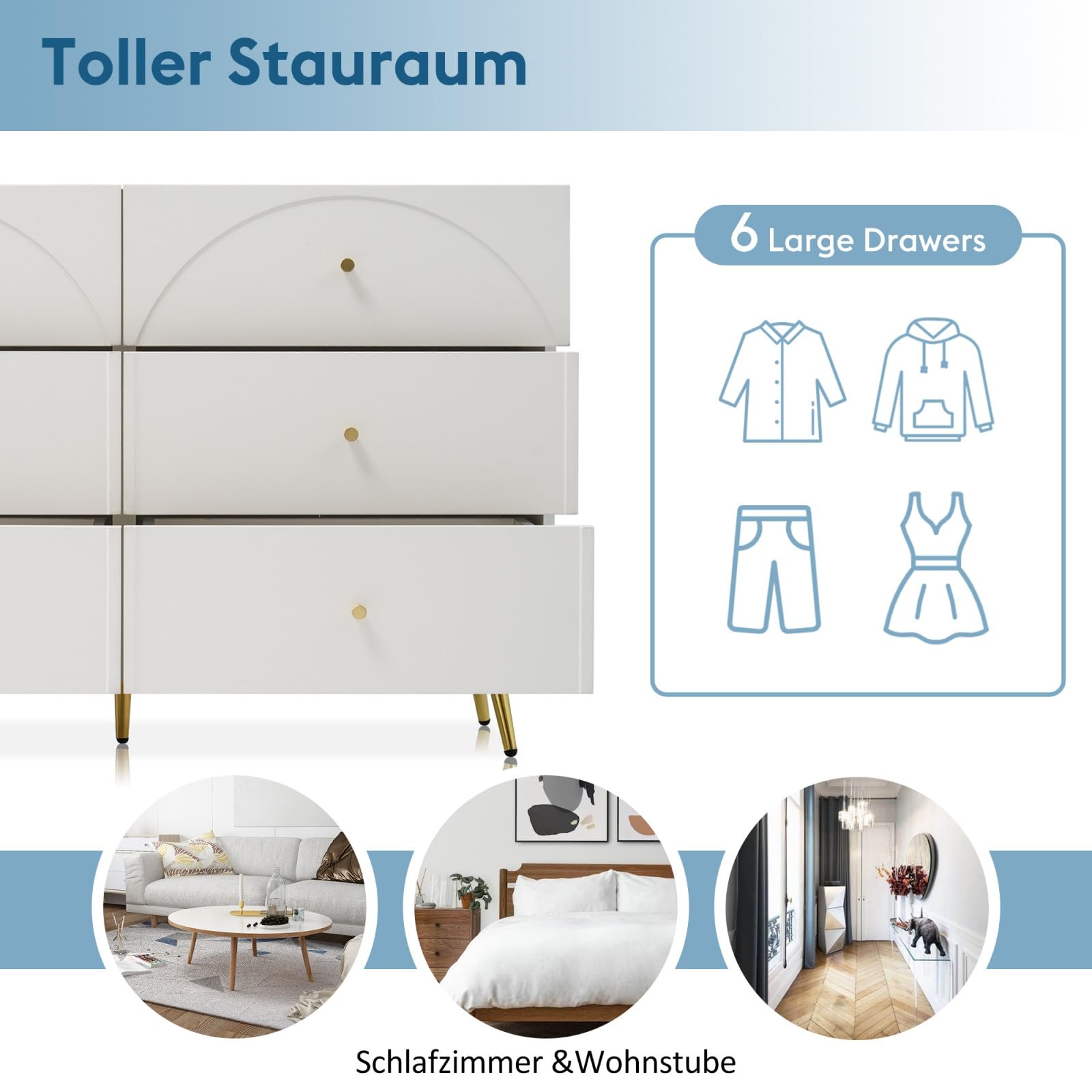 PUGSDRLY Commode à 6 tiroirs avec tiroirs blancs, armoire de rangement avec tiroirs, style moderne, buffet pour salon et chambre (H85/L120/P40 cm)