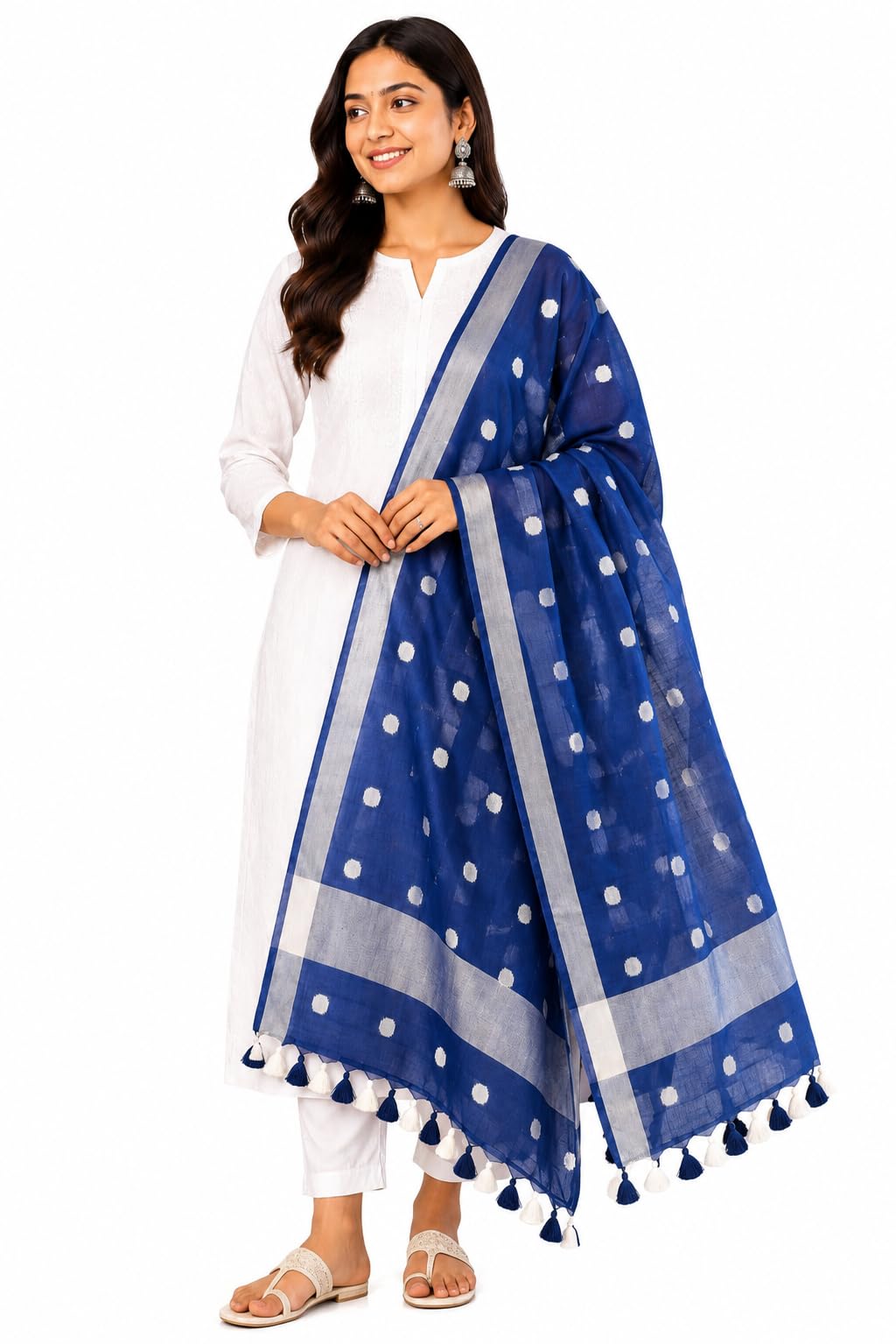 haider ali and sons Women's Bhagalpuri Handwoven Semi Linen Dupatta (Stole) With Silver Zari Boder and Butta Weaving_Full Size (2.4 mtr.) |-picture-48
