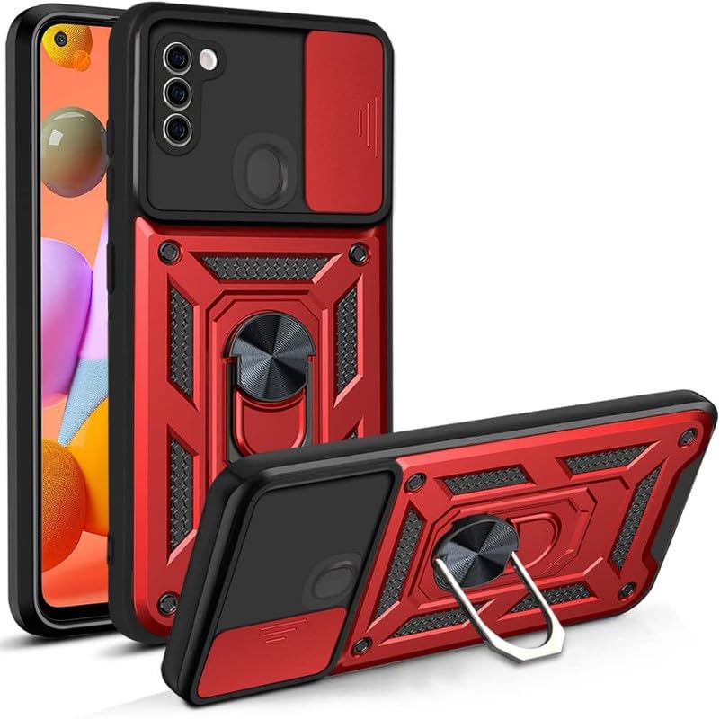 Image of Case for Samsung Galaxy M11, Shutter Heavy Duty Hard Tough Silicone TPU Dual Layer Hybrid Shockproof Cover,Ring Kickstand for Samsung Galaxy M11 - Red