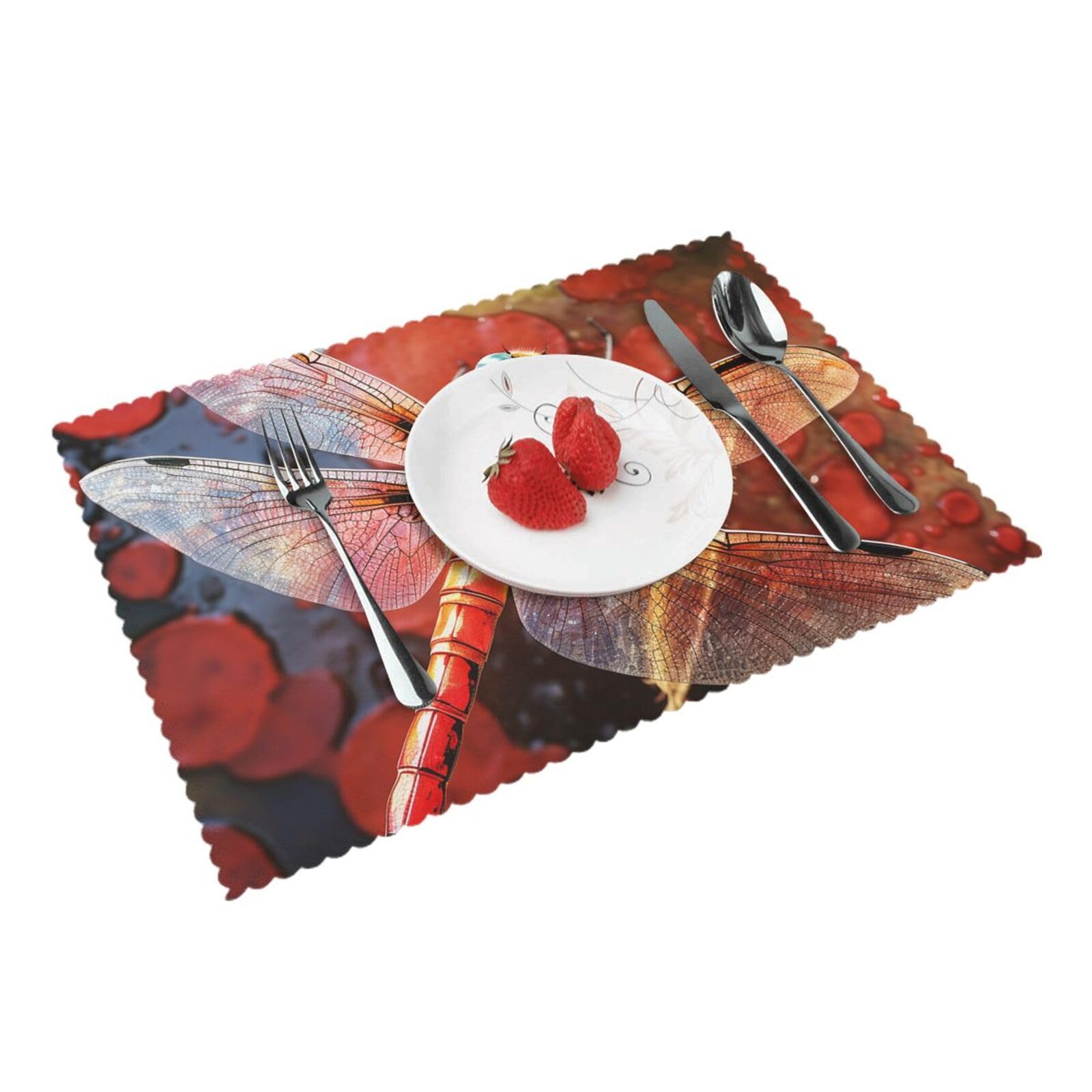 Placemats Set of 4 Heat Resistant Woven Place Mats for Dining Table Red Dragonfly Placemats Washable Wipeable PVC Table Mats Indoor/Outdoor Place Mats for Party Kitchen Decor 30x45 cm