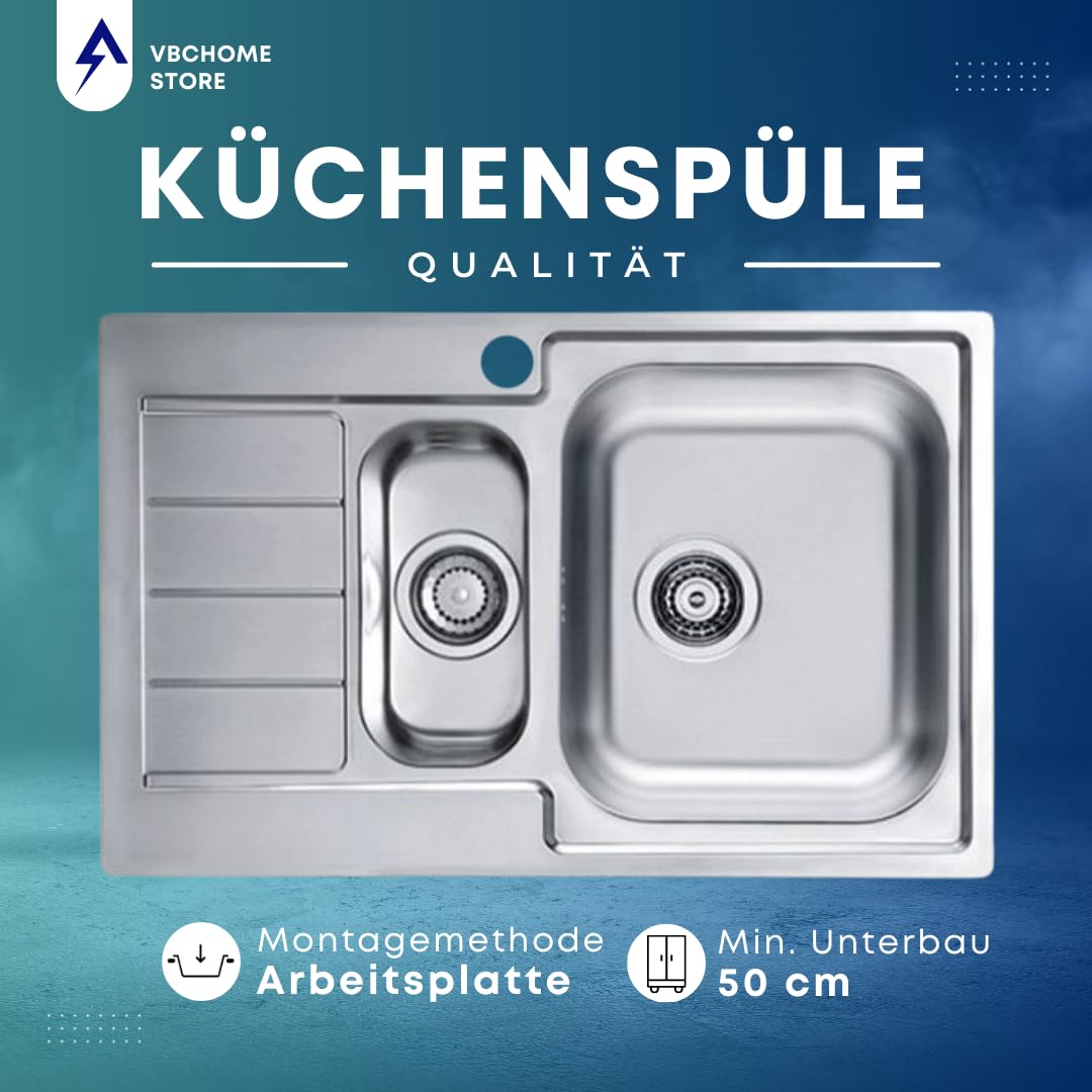 VBChome Edelstahlspüle 79x50 cm Leinenstruktur Einbauspüle Spülbecken mit Hahnloch Abtropffläche Links Camping 1,5 Becken Ablaufgarnitur